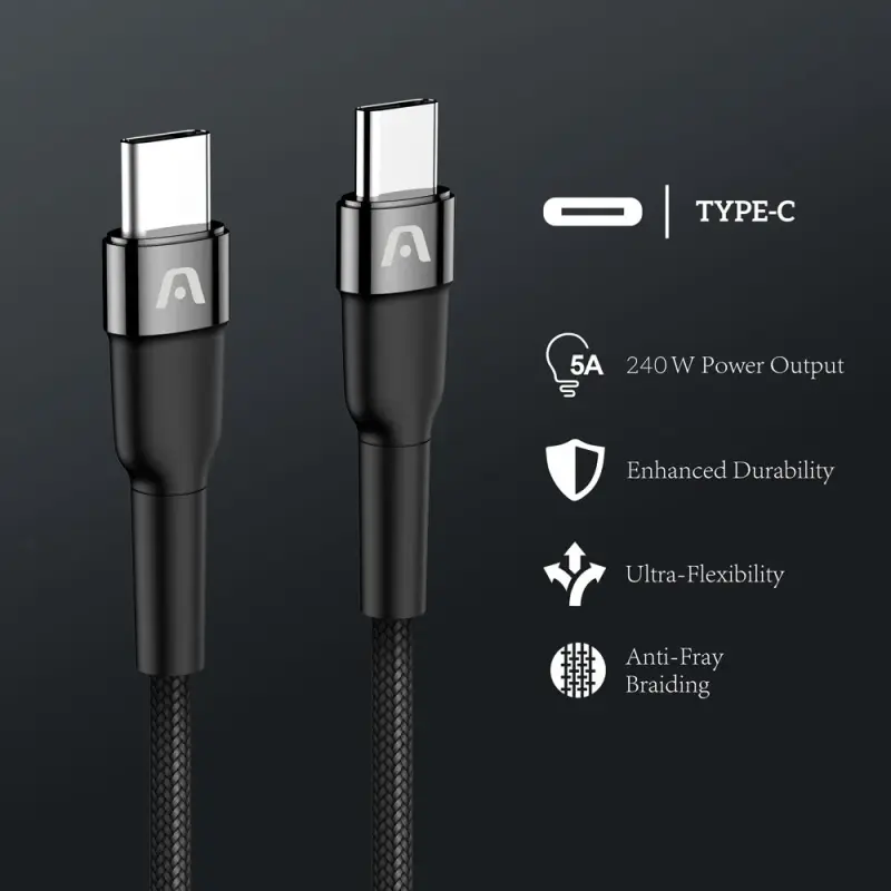 CABLE TRENZADO DE NAILON DURA SPEED DE 240W TIPO-C A TIPO-C PARA CARGA Y SINCRONIZACIÓN ULTRA RÁPIDA DE 1.8M ARGCB0073
